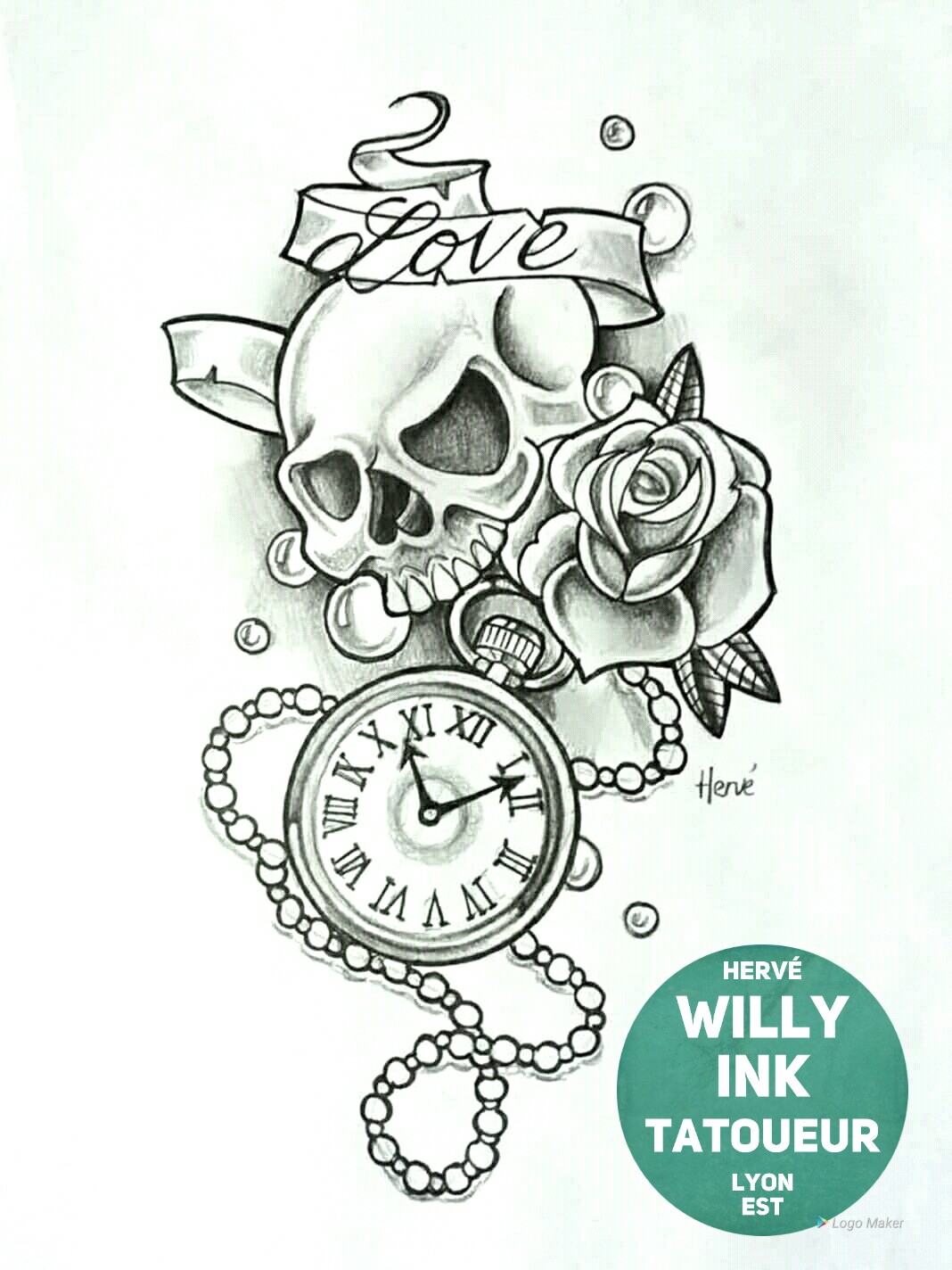 Tête de mort avec une rose et horloge Willy Ink Tatoueur à ...