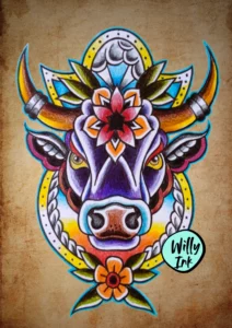 10 flash tattoo lyon vintage oldschool taureau fleurs