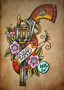 12 flash tattoo lyon vintage oldschool pistolet