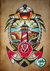 19 flash tattoo lyon vintage oldschool phare ancre rose 