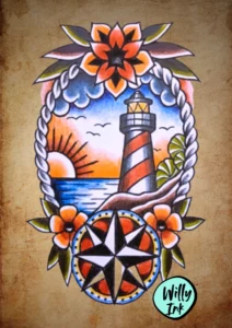21 flash tattoo lyon vintage oldschool phare soleil fleurs