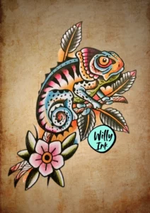 7 flash tattoo lyon vintage oldschool cameleon fleur